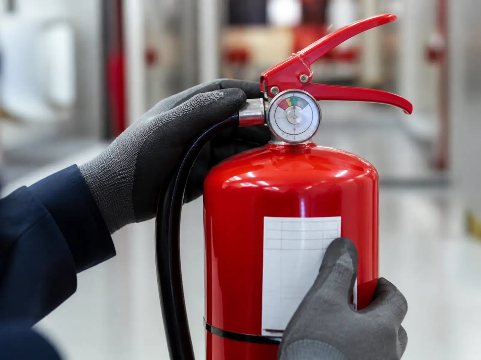 Prüfung von Manometer und Prüfplakette eines Feuerlöschers durch einen Sachkundigen